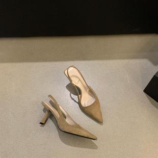 凉鞋子包头绒面尖头细裙子女一字后空半单鞋带配拖鞋法式高跟鞋跟