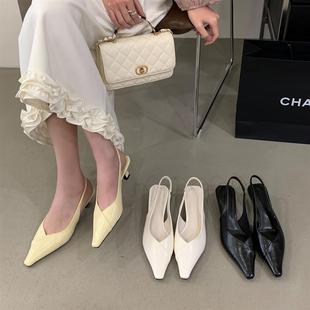 尖头后跟空一字带女细真皮鞋包头凉鞋单鞋带跟气质后绊简约百搭猫