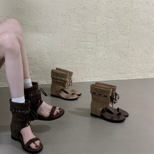 韩版露趾凉靴女夏季系带短靴坡跟百搭罗马靴个性炸街马丁靴西部靴
