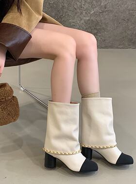 欧美风拼色链条中筒靴女冬
