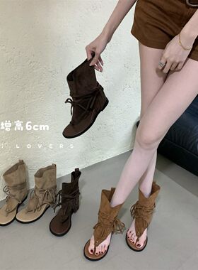韩版复古流苏绑带凉靴女春