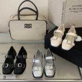 真皮百搭皮鞋 方头口粗带跟浅口扣舒适玛丽珍鞋 复古浅单鞋 小女一字