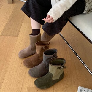 韩版皮带扣麂皮短靴女靴冬季圆头显瘦平跟中筒靴子拼接西部靴休闲