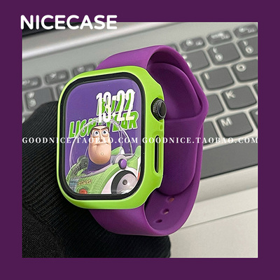 NICECASE深紫荧光绿撞色表带表壳适用苹果applewatchs10代s98se新
