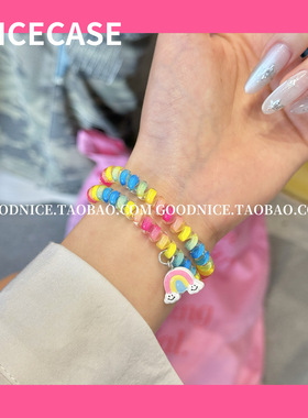 INS博主同款彩虹双排皮筋电话绳表带适用S10苹果iWatchs98se可爱