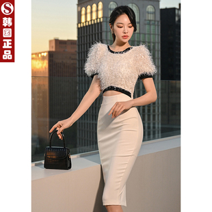 韩国东大门代购时尚晚装性感露脐连衣裙短袖包臀年会party小礼服