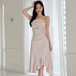 韩国定制晚装小礼服高级感纯欲修身显瘦荡领鱼尾裙缎面吊带连衣裙