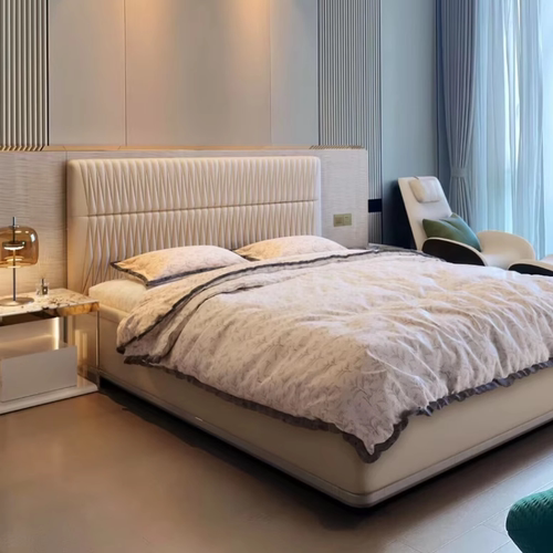 意式极简大屏布艺床宋氏美学现代简约主卧双人床设计师样板房定制