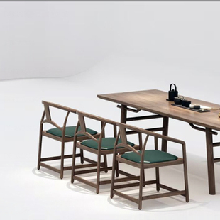 北美黑胡桃茶桌椅组合新中式餐桌宋式美学极简餐桌样板房家具定制