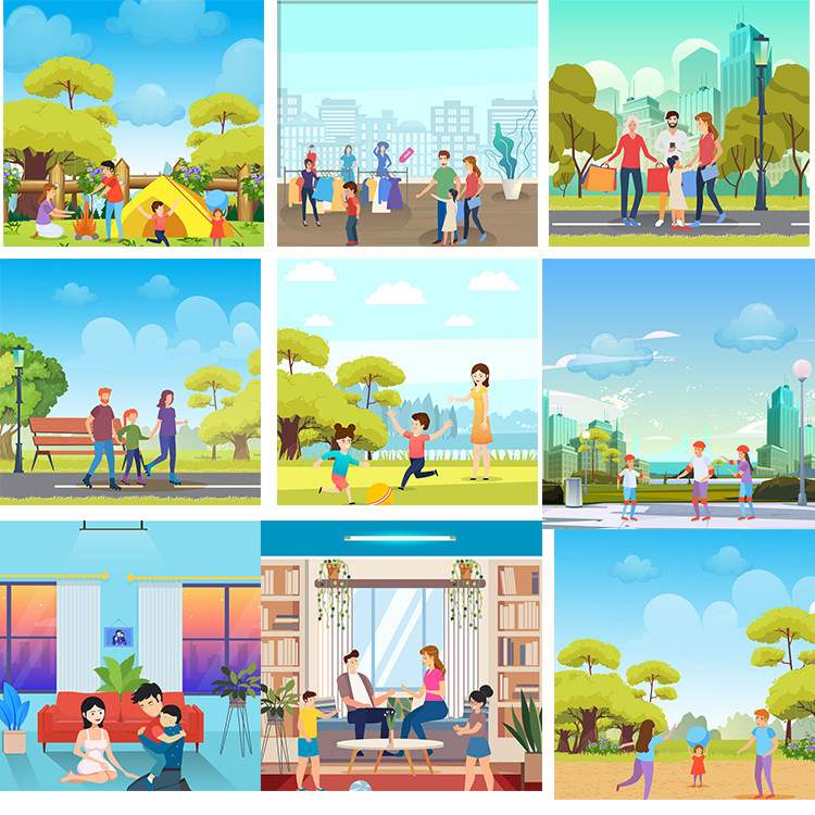 an/flash/ai人物全家福场景素材mg动画街道室内沙发桌子植物云朵