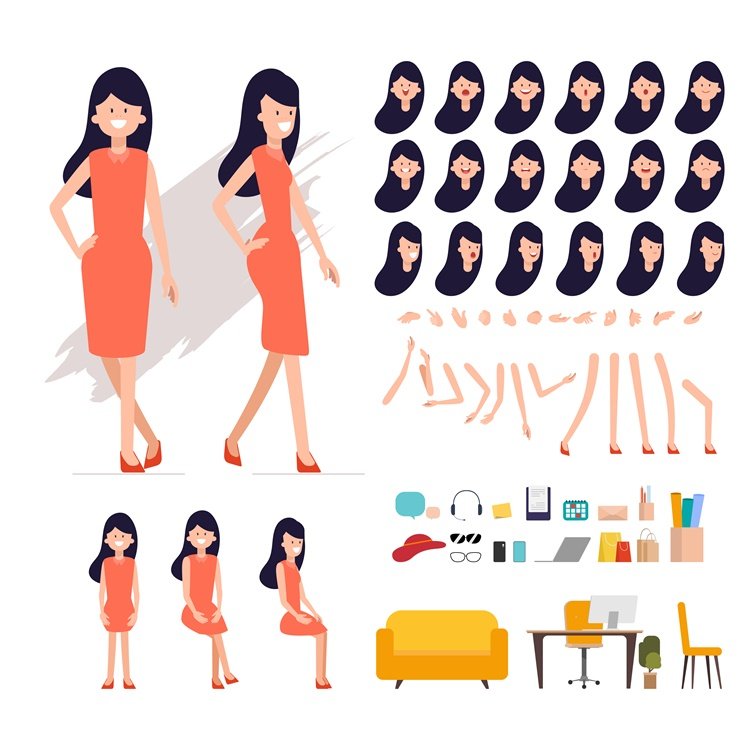 an/flash/ai服饰发型身体各电脑公文包正侧面组矢量素材办公人物