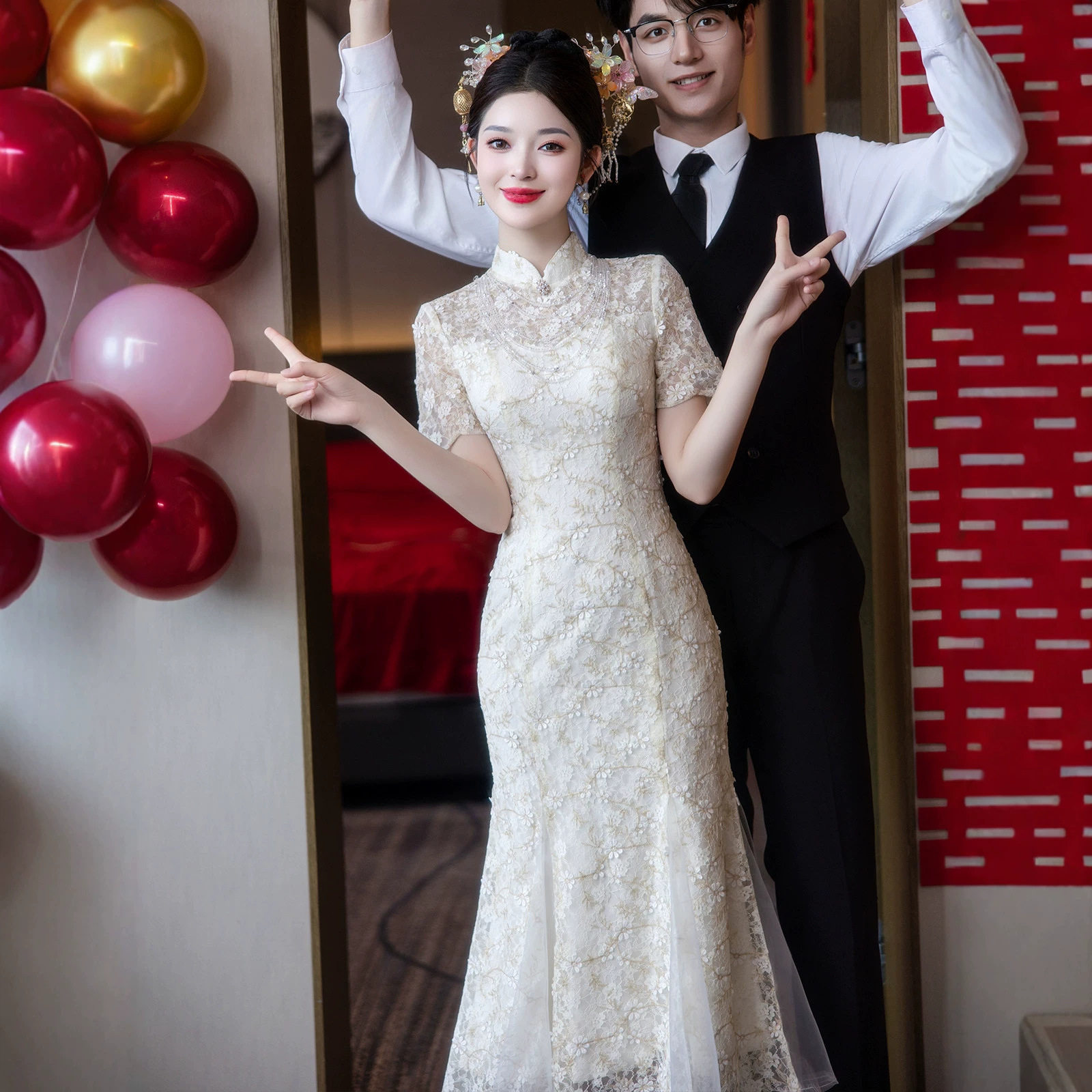 中式新娘订婚敬酒蕾丝鱼尾旗袍