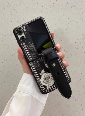 ins法式复古黑色花朵适用OPPOFindN3Flip手机壳防摔保护oppo find n2flip折叠屏贴皮创意个性手腕带保护套女