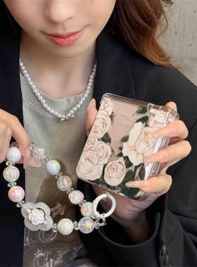 ins文艺复古白色玫瑰花适用小米MIXFlip2手机壳荣耀MagicVFlip小折叠屏外壳摩托罗拉razr50Ultra防摔保护套女