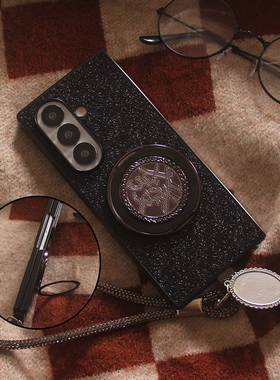 ins韩系闪粉亮片黑色发字支架适用三星zfold7手机壳折叠屏fold5新款FOLD6手链防摔ZFold4/3个性保护套男女款