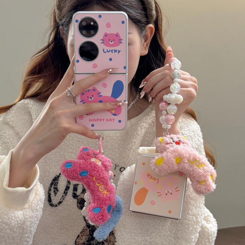 ins风韩国卡通小猫咪适用华为pocket 2手机壳P50pocket创意小羊皮壳pocket S个性P50宝盒毛绒公仔手链保护套