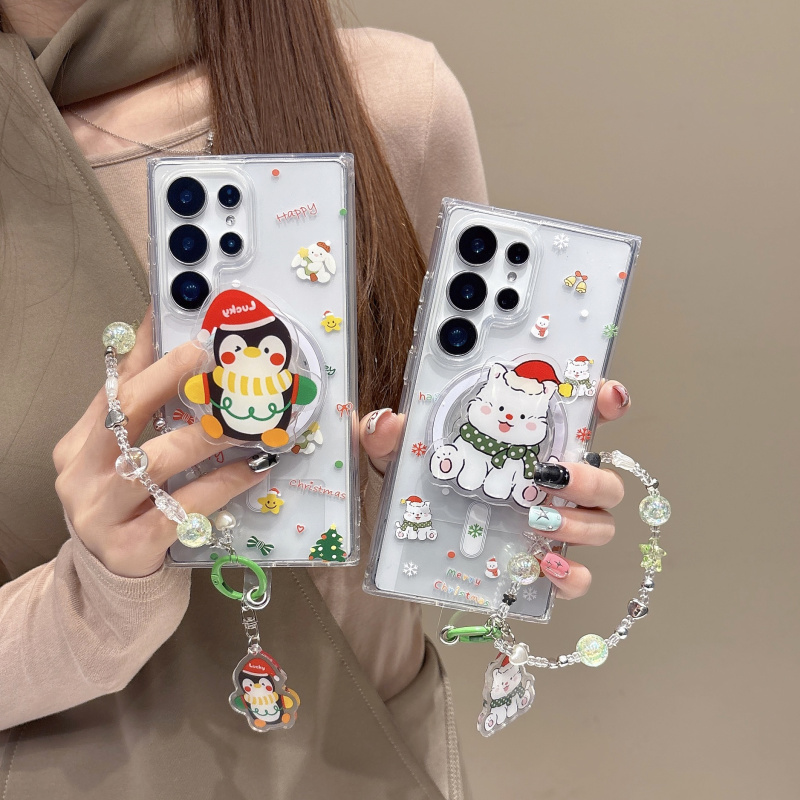 ins韩系可爱圣诞节西高地小狗企鹅适用三星GalaxyS25Ultra手机壳s24plus磁吸支架S23ultra手链s25+防摔保护套