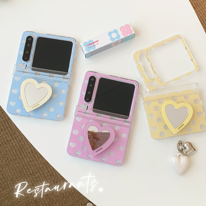 ins韩系波点爱心镜子适用华为puraX手机壳pocket2小米MIXFlip2折叠屏OPPOFindN3Flip摩托罗拉Razr60/R50套女
