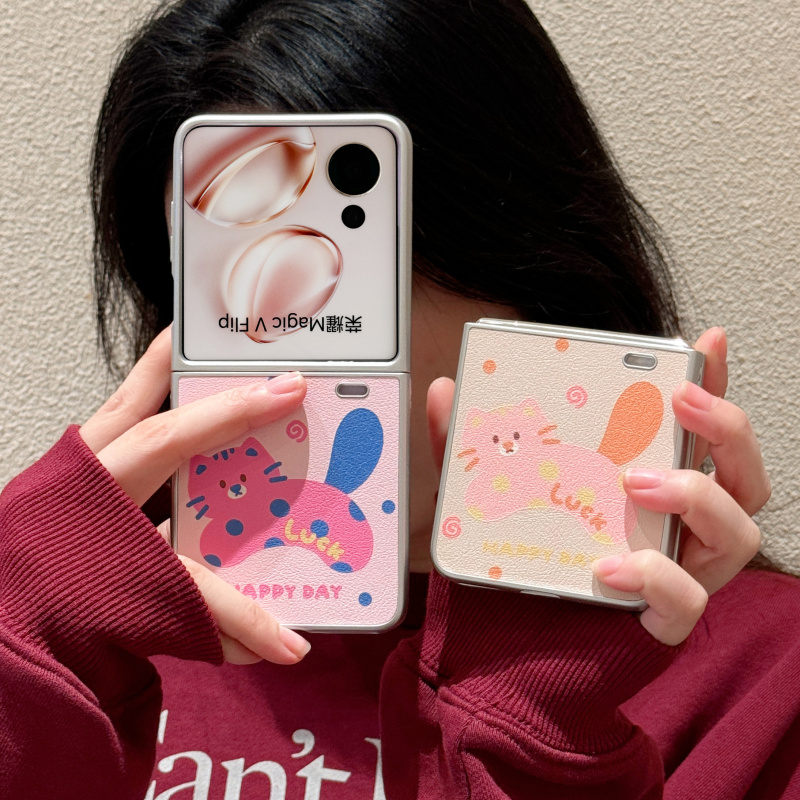 ins风韩国卡通小猫咪适用小米MIX Flip手机壳荣耀MagicVFlip小折叠屏毛绒公仔手链华为NOVAflip小羊皮保护套