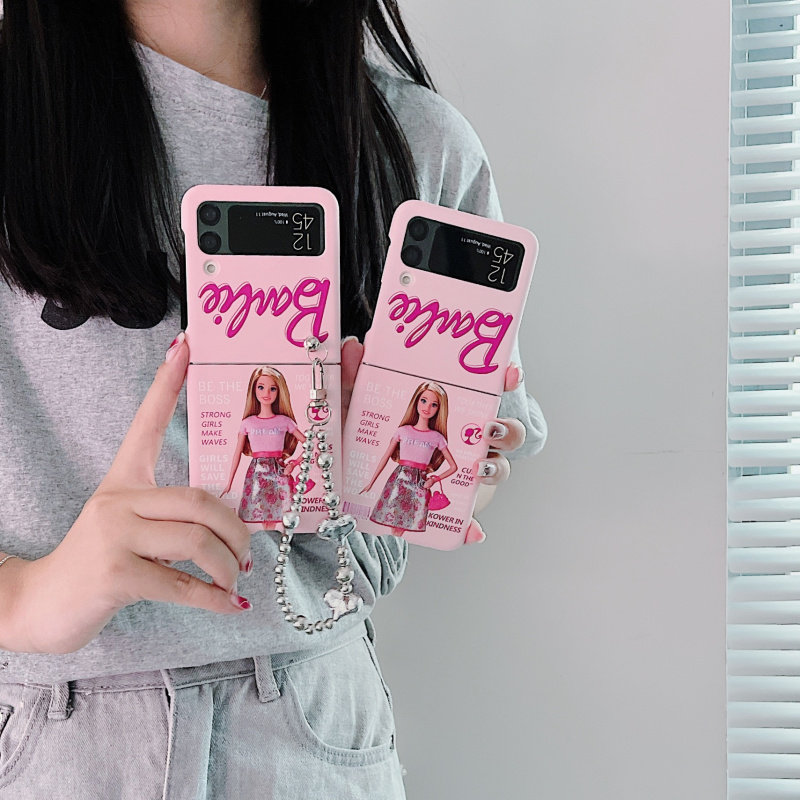 卡通粉色芭比娃娃适用三星zflip4手机壳zflip5折叠屏链条