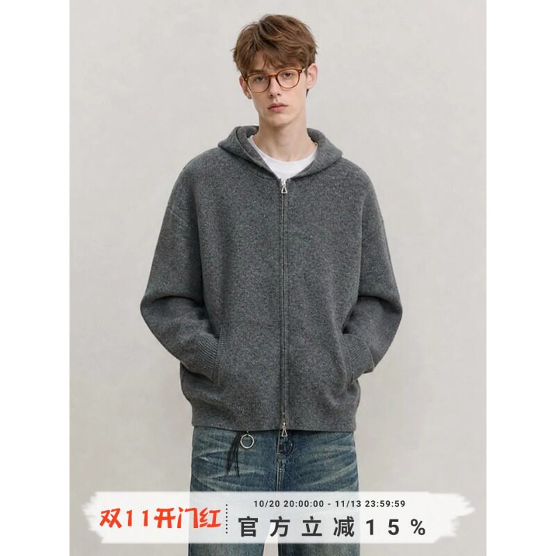 美式复古连帽拉链开衫毛衣男女