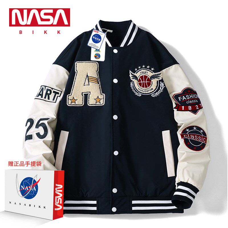 NASA BIKK美式字母毛巾绣外套男女款情侣装春秋季字母夹克棒球服