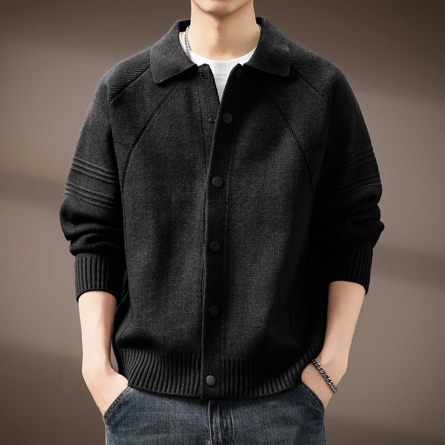 高端重磅翻领开衫毛衣男2025秋冬