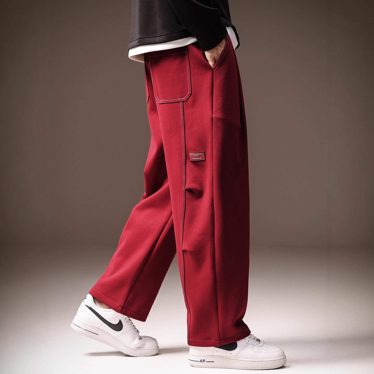 高端美式重磅红色复古直筒卫裤男士秋季潮牌宽松休闲垂感阔腿长裤