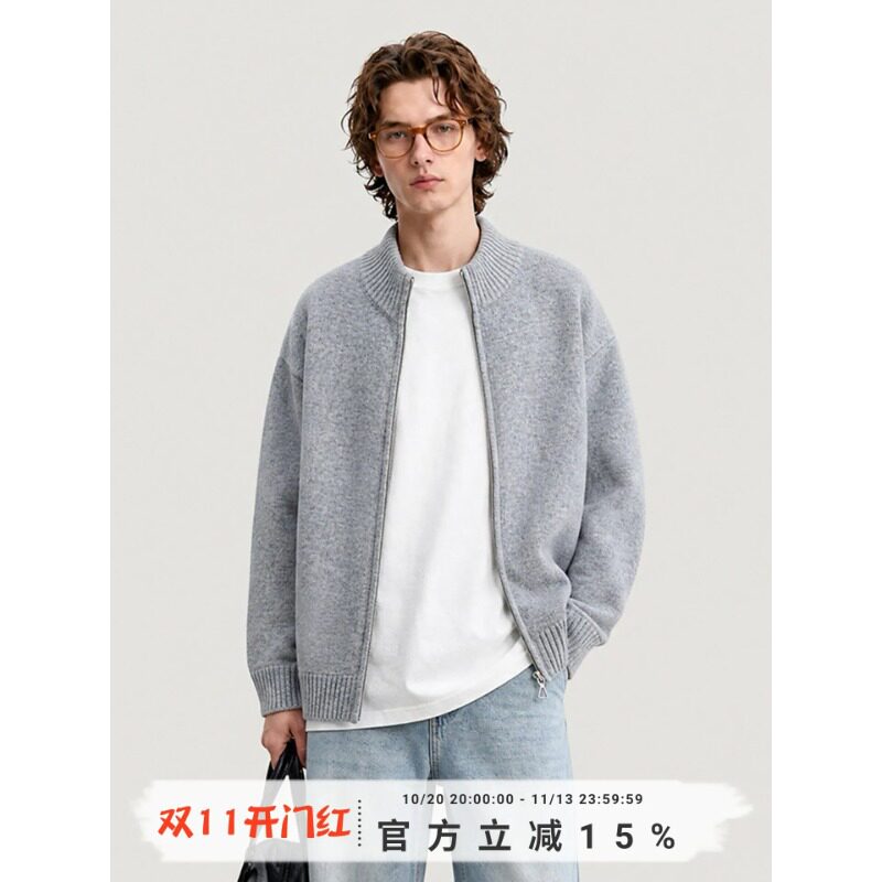 美式复古立领双头拉链开衫毛衣