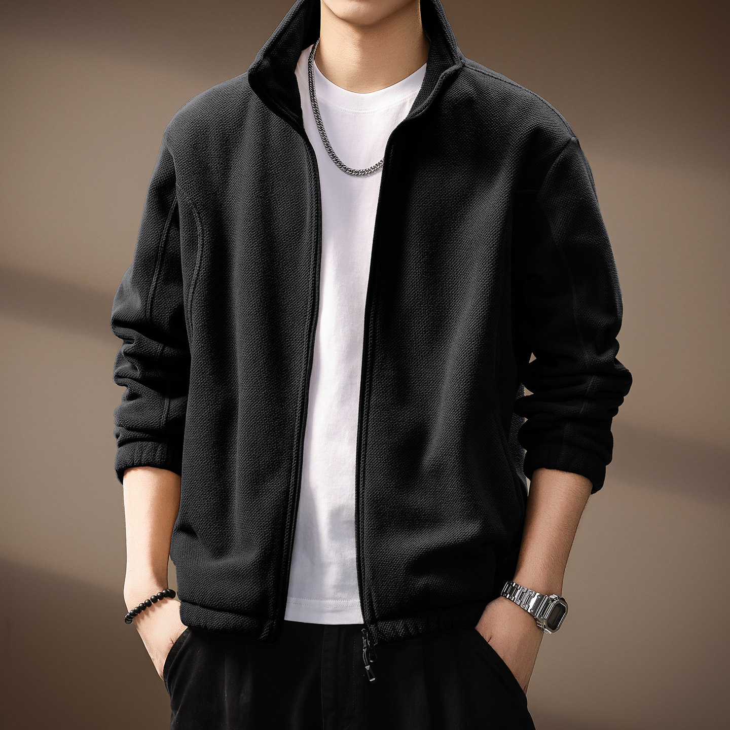 高端设计感美式复古开衫卫衣男士