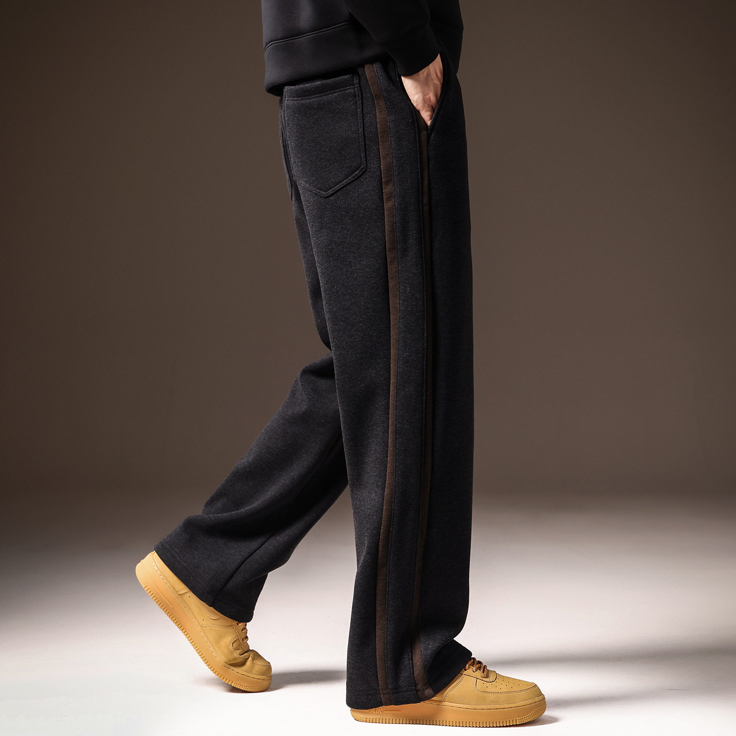 高端羊毛混纺两道杠软糯男士卫裤冬季加绒宽松直筒阔腿休闲长裤男