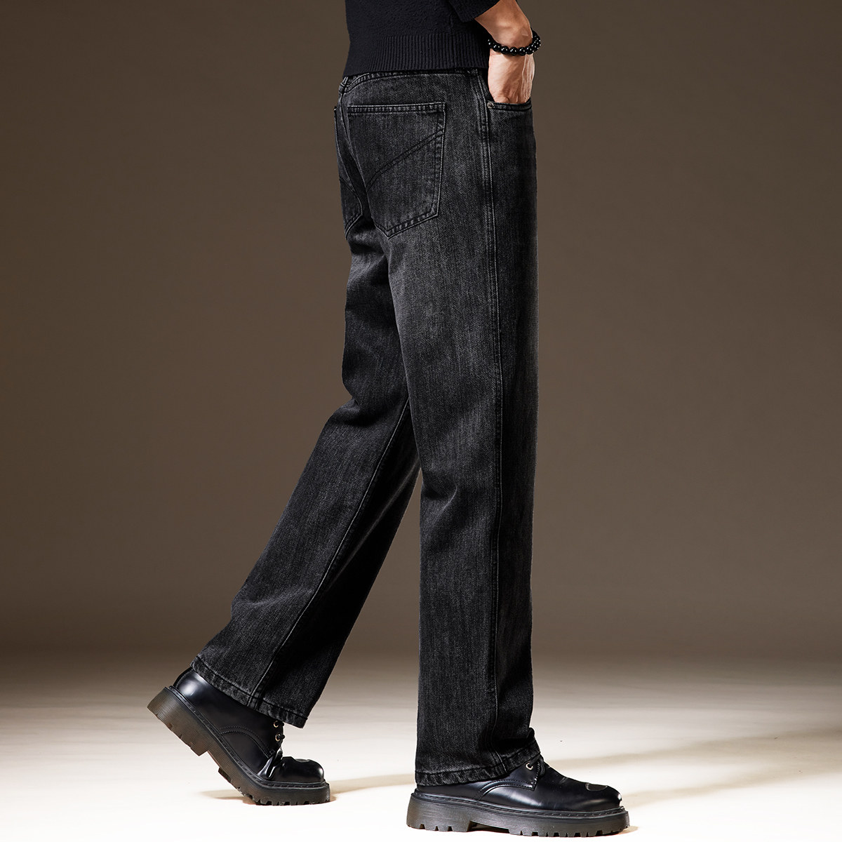 高端美式阔腿黑色牛仔裤男士秋季加绒宽松直筒潮牌水洗垂感裤子男