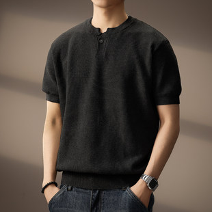 高端美式复古重磅亨利领短袖Polo衫男老钱风休闲半袖修身针织T恤