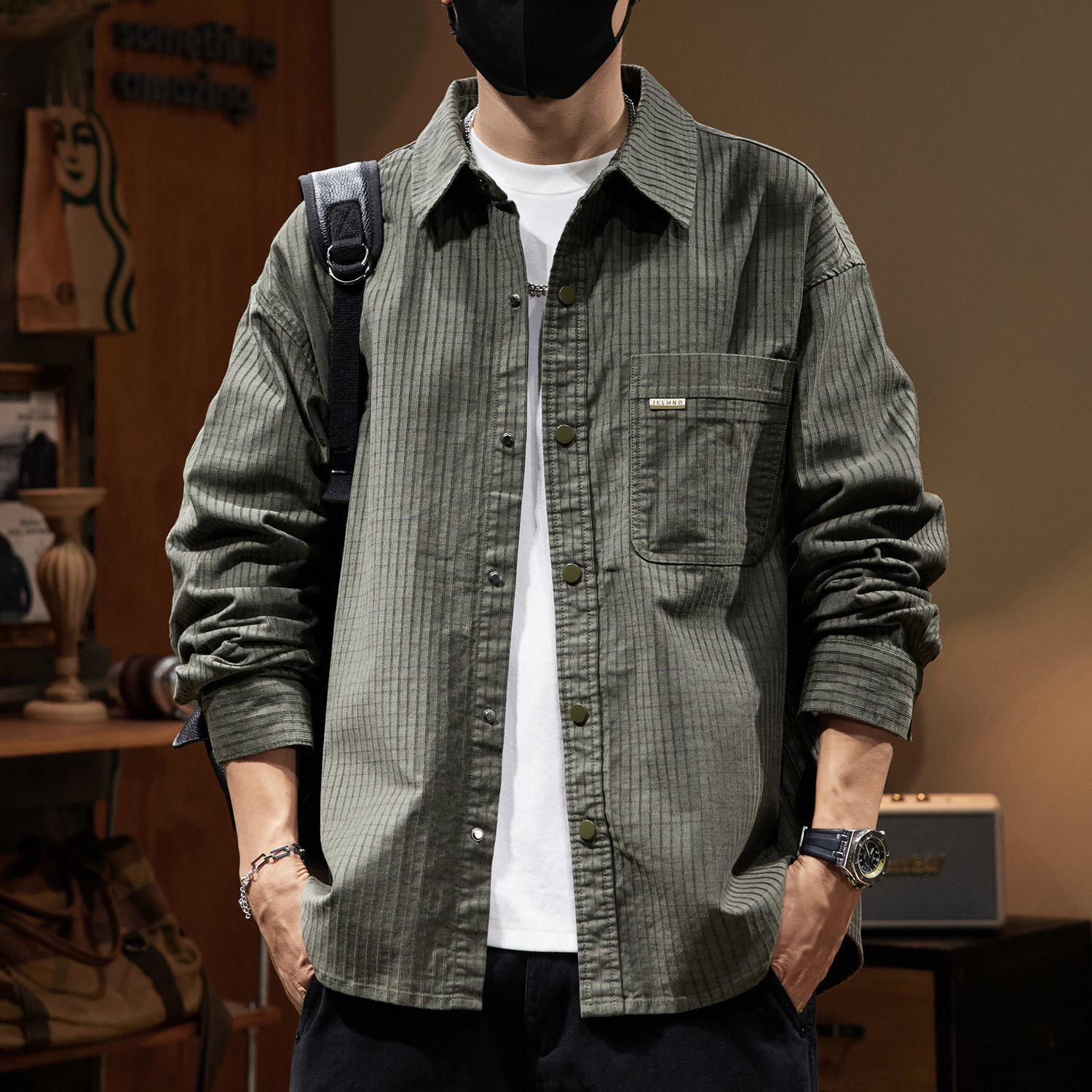 高端日系复古华夫格长袖衬衫男士2024秋季新款宽松肌理感衬衣外套