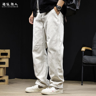 挺阔纯棉直筒休闲裤男士2025新款秋冬宽松大码工装拼接加绒裤子厚
