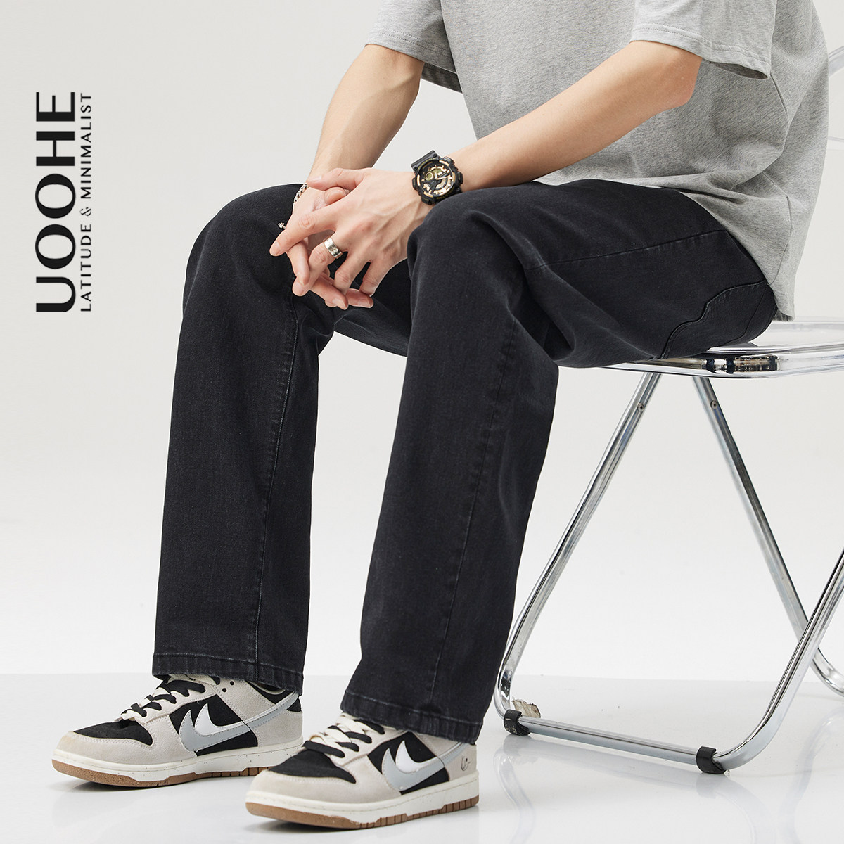 UOOHE纯黑色牛仔裤男士春秋季修身休闲裤宽松窄版直筒裤男生裤子