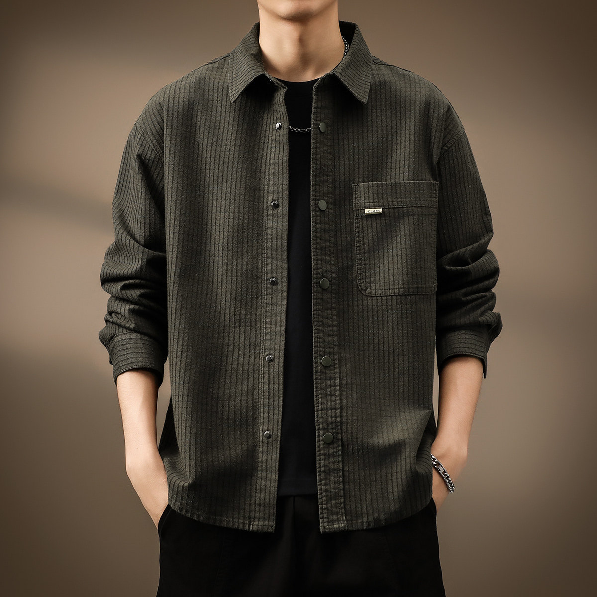 高端日系复古华夫格长袖衬衫男士2025秋季新款宽松肌理感衬衣外套