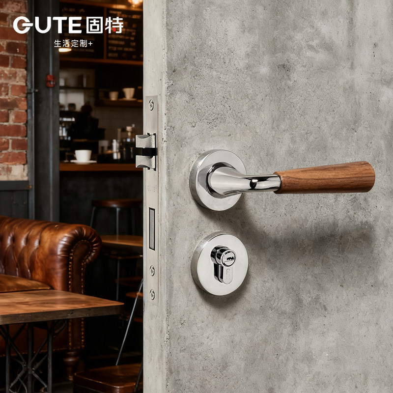 固特室内卧室房门锁家用简约胡桃木把手磁吸静音锁具木门分体把手