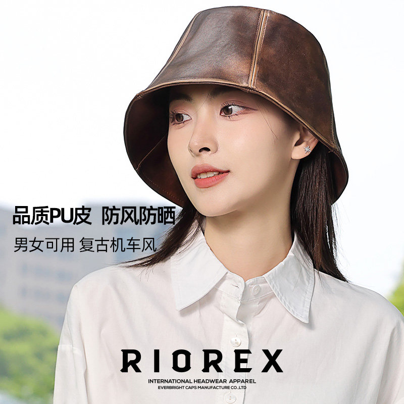 PU皮质渔夫帽女士遮阳防晒盆帽加厚保暖帽子春秋冬潮酷复古男防风