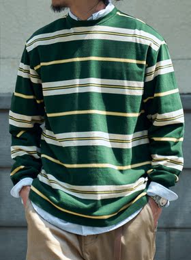 staph老芬长谷川Multi Borer厚实重磅透气条纹宽松长袖T恤卫衣
