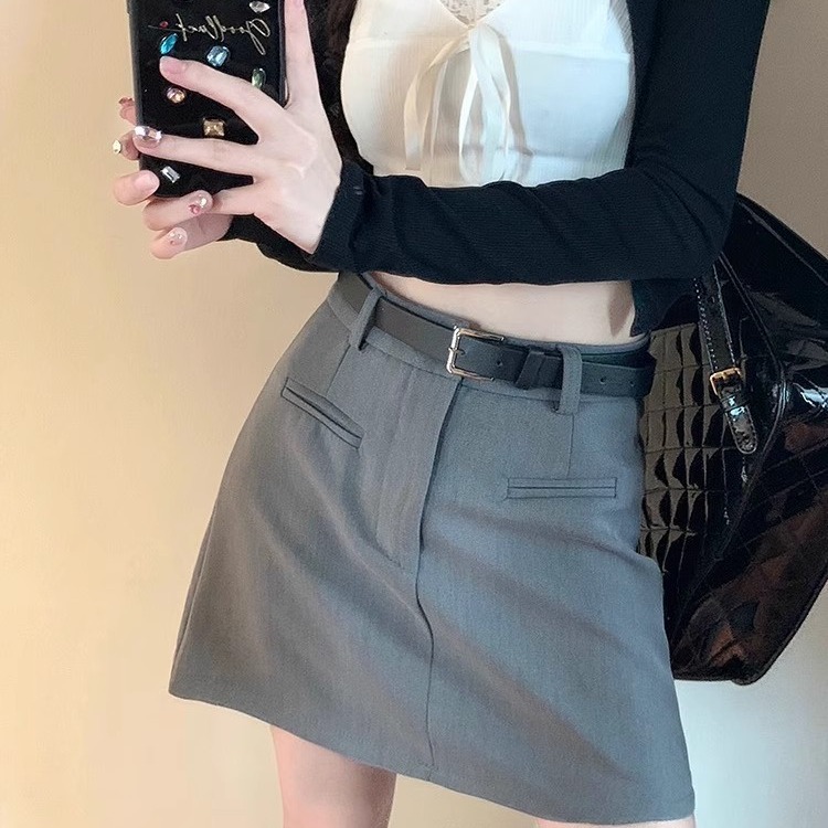 大码胖mm灰色短裙女2025新款秋冬西装小个子高腰显瘦a字半身裙子