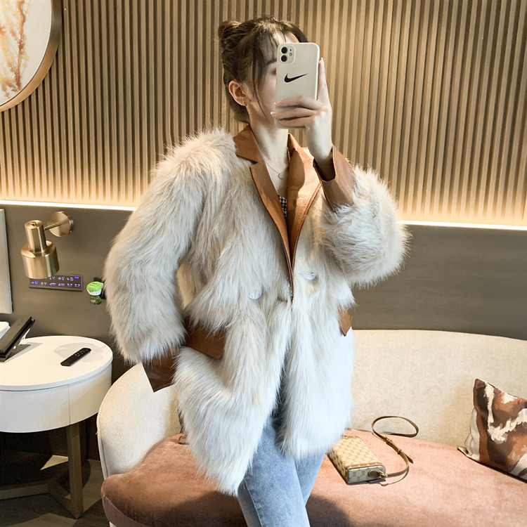 西装毛毛外套女 秋冬仿狐狸毛中长款皮草外套 拼接皮革大衣女