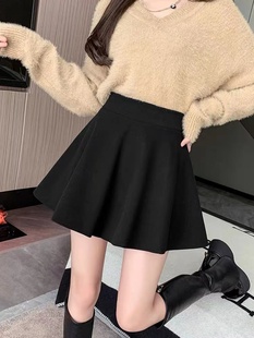 黑色半身裙短裙秋冬款胖mm遮胯高腰显瘦A字加大码蓬蓬裙 百褶伞裙