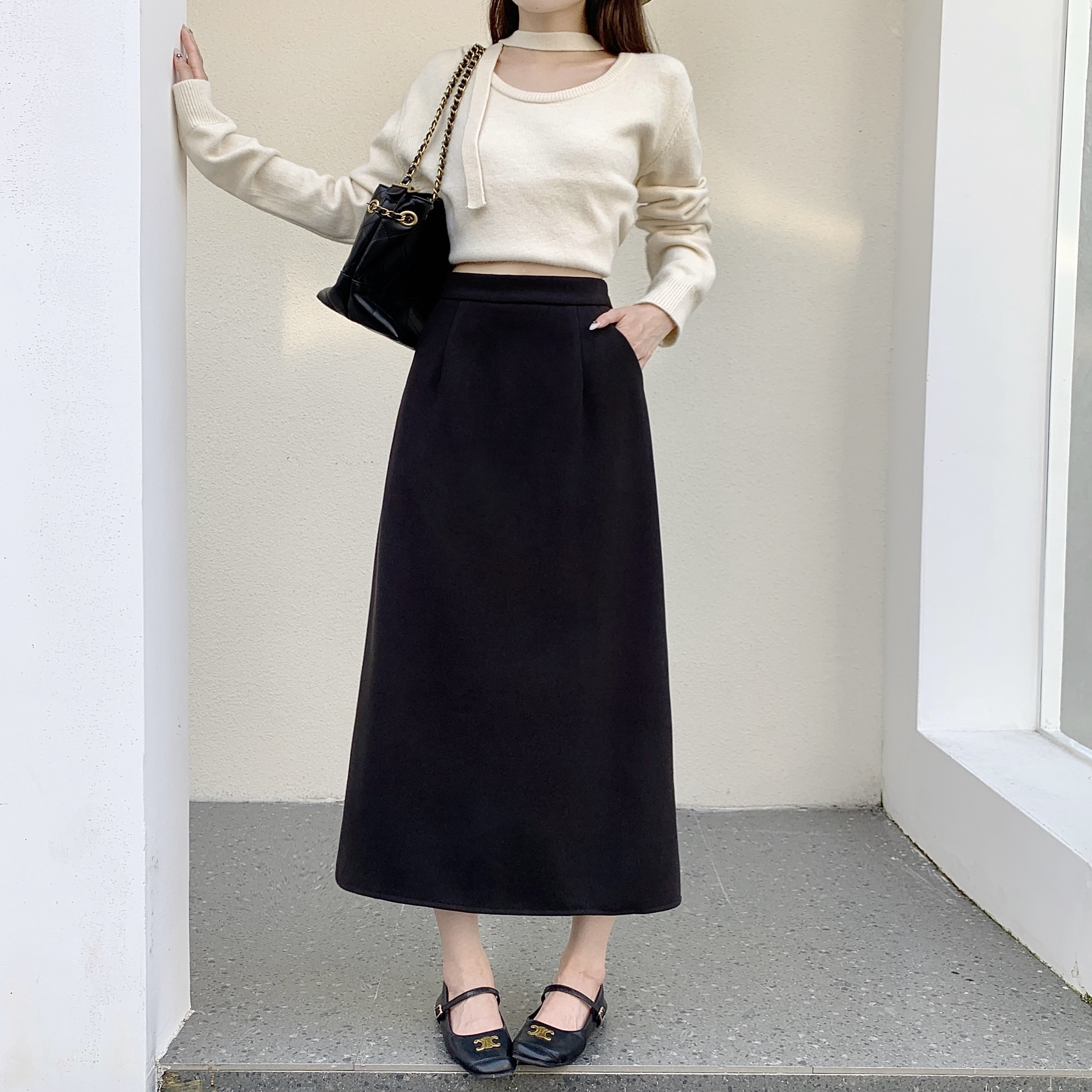 简约风百搭显瘦口袋毛呢半身裙