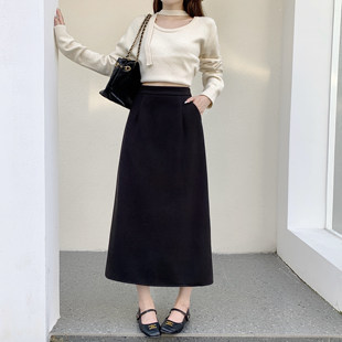 大码黑色口袋毛呢半身裙女秋冬梨形身材直筒裙后开衩中长款a字裙