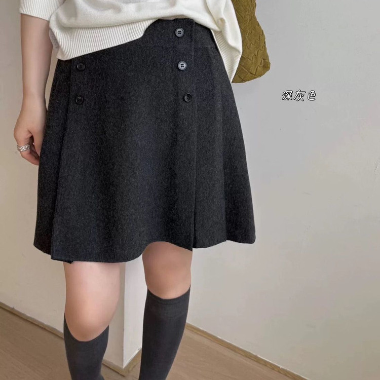 miu系秋冬百褶毛呢短裙双排扣