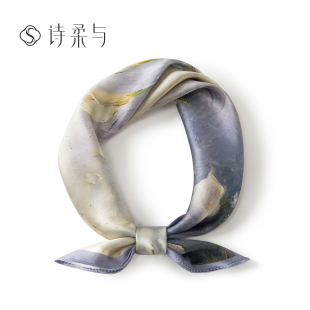 饰发带绑包丝带女 气质通勤装 油画风马蹄莲真丝领巾 桑蚕丝小方巾