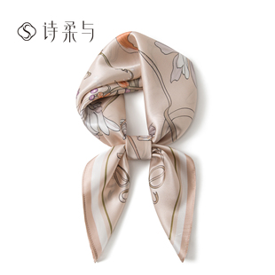 饰领巾腕巾浅粉色 百搭真丝装 法式 温柔风花卉桑蚕丝中方巾女夏季