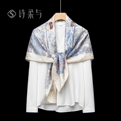 【绘蓝双华】双面100%桑蚕丝大方巾时尚印花送妈妈长辈生日礼物