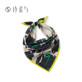 艺术墨绘花卉女士真丝方巾桑蚕丝双绉缎新款 饰领巾 小清新风气质装